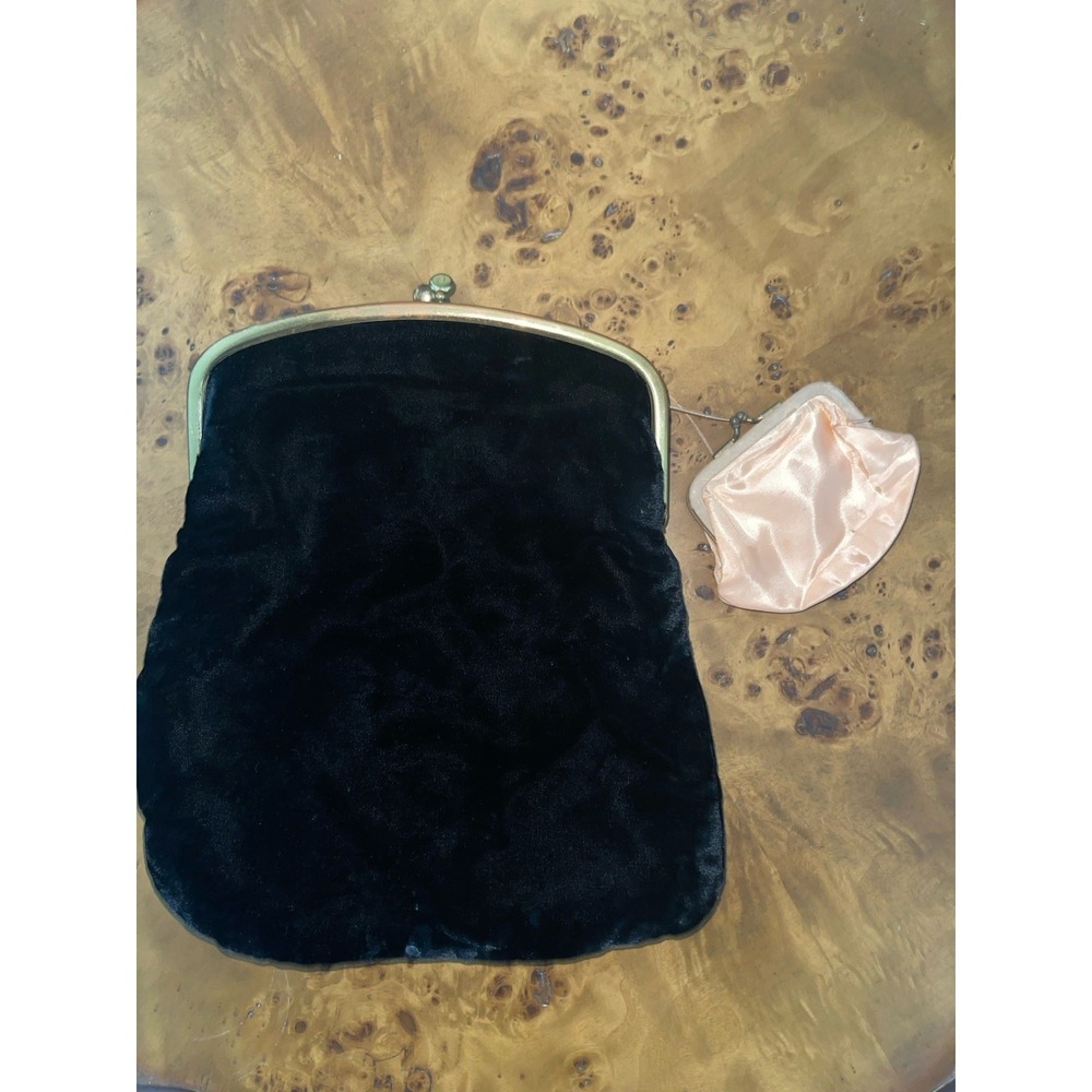 Vintage Harry Levine HL Black Velvet Clutch Purse With Coin Purse Attached
